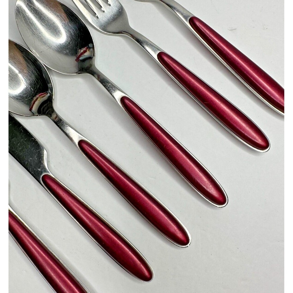 Red handle Stainless Flatware Replacement‎ 6 Pc Pearlized Burgundy Resin